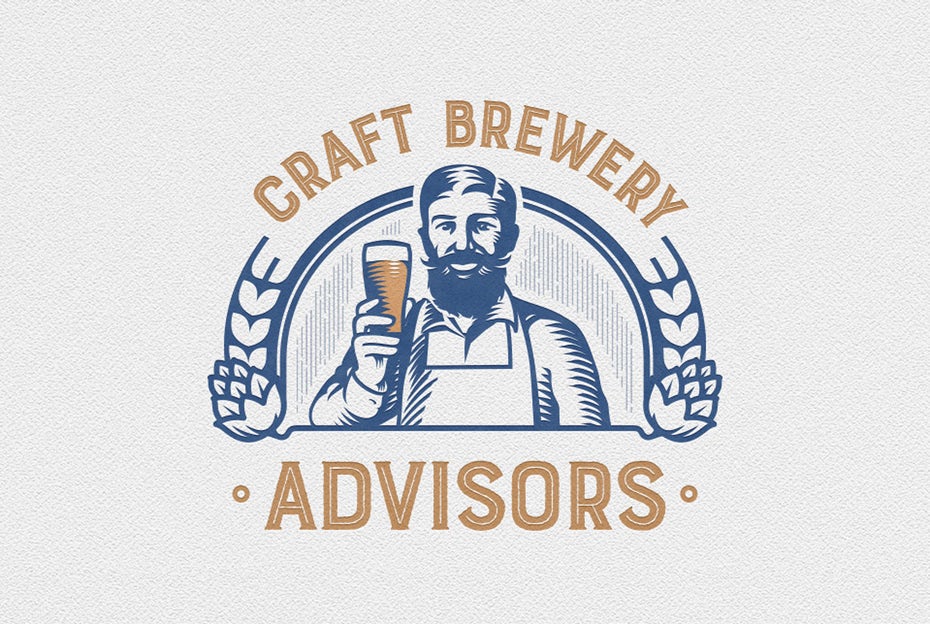 two-tone vintage style  logo  of a man holding up a glass of beer and smiling at the viewer