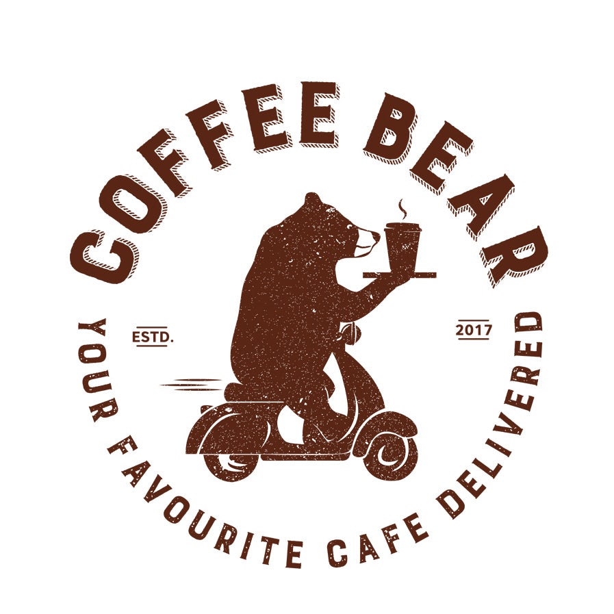 coffee delivery  logo  with bear on scooter delivering coffee