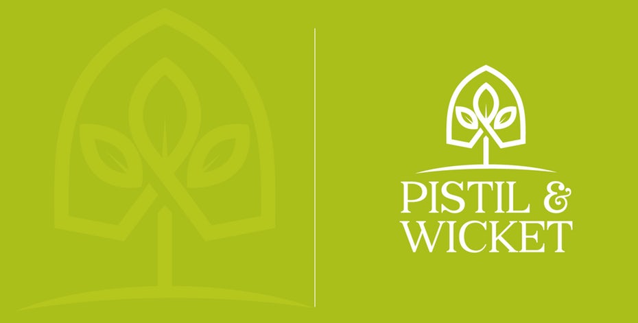 geometric  logo  of a plant growing within a small greenhouse with the text “Pistil & Wicket”