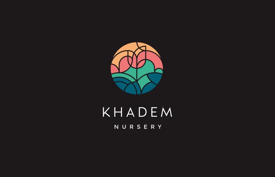 circular  logo  comprised of geometric shapes that fit together to create an image of a flower with the text “Khadem Nursery”