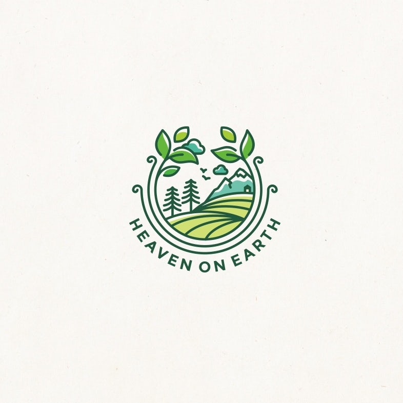 round  logo  showing illustrated tree and mountains circled by plants with the text “Heaven on Earth”