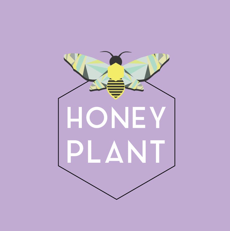 hexagon-shaped  logo  with an image of a bee and the text “Honey Plant”