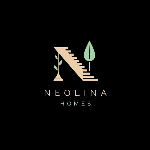 Letter N comprised of a staircase, a tree and a column with the text “Neolina Homes”