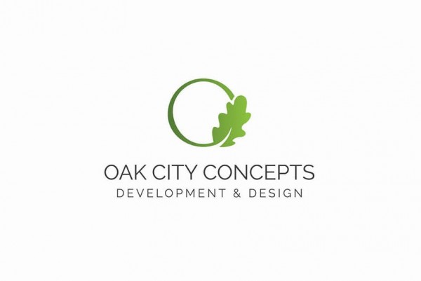 round green  logo  with a leaf and the text “Oak City Concepts Development and Design”