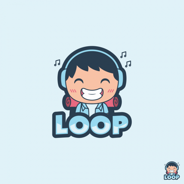 cartoon character with headphones logo