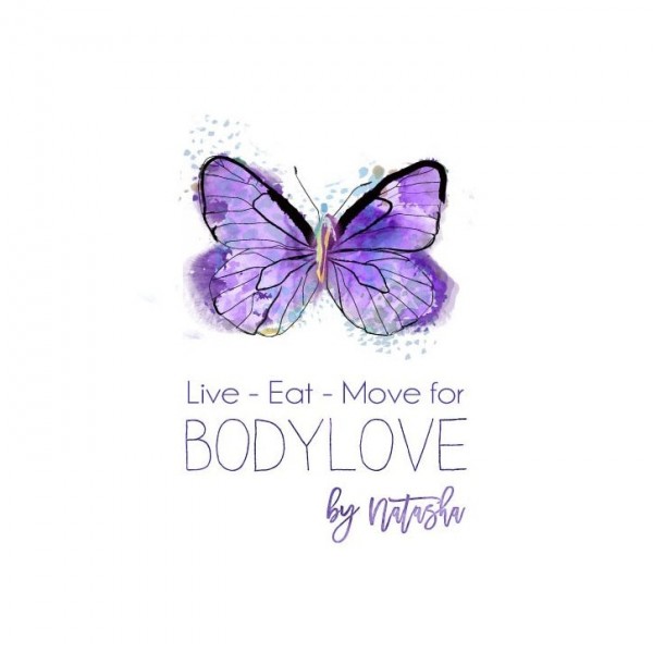 purple butterfly with the text “l(fā)ive-eat-move for body love”