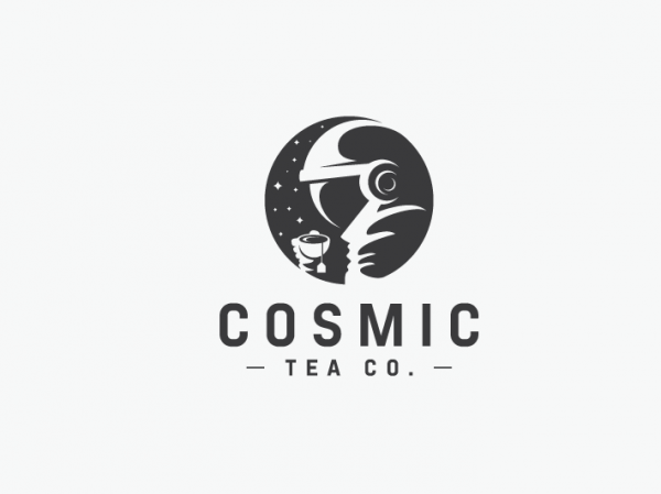  logo  with astronaut drinking tea in space