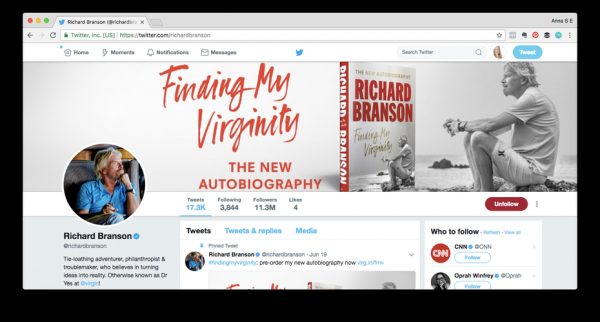 Screen shot of Richard Branson’s Twitter profile